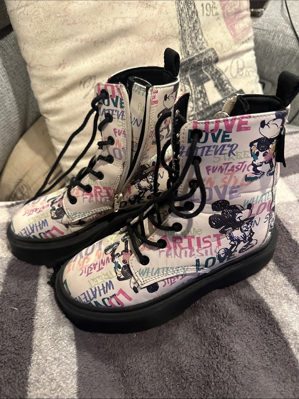 Zara Pink and Black Mickey Graphic Lace-Up Kids Boots
